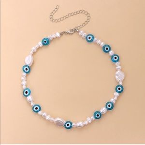 Handmade Evil Eye Pearl Beaded Choker Necklace 13.7 inches